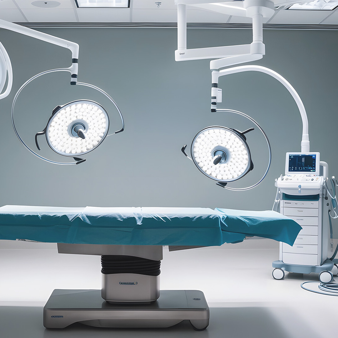 Fully equipped operating room with LED operating lights, operating table and medical equipment