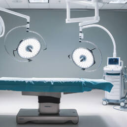 Voll ausgestatteter OP-Raum mit LED-OP-Leuchten, OP-Tisch und medizinischen Geräten