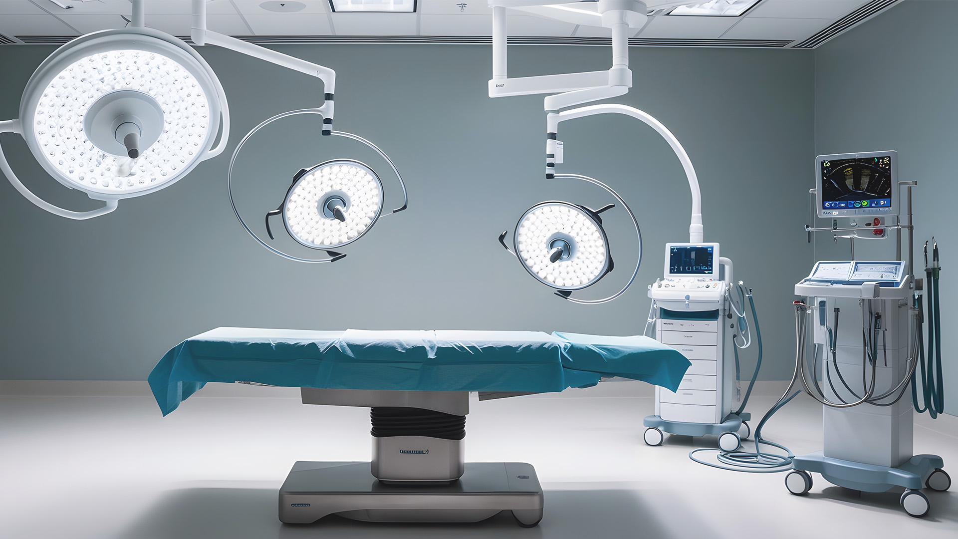Voll ausgestatteter OP-Raum mit LED-OP-Leuchten, OP-Tisch und medizinischen Geräten