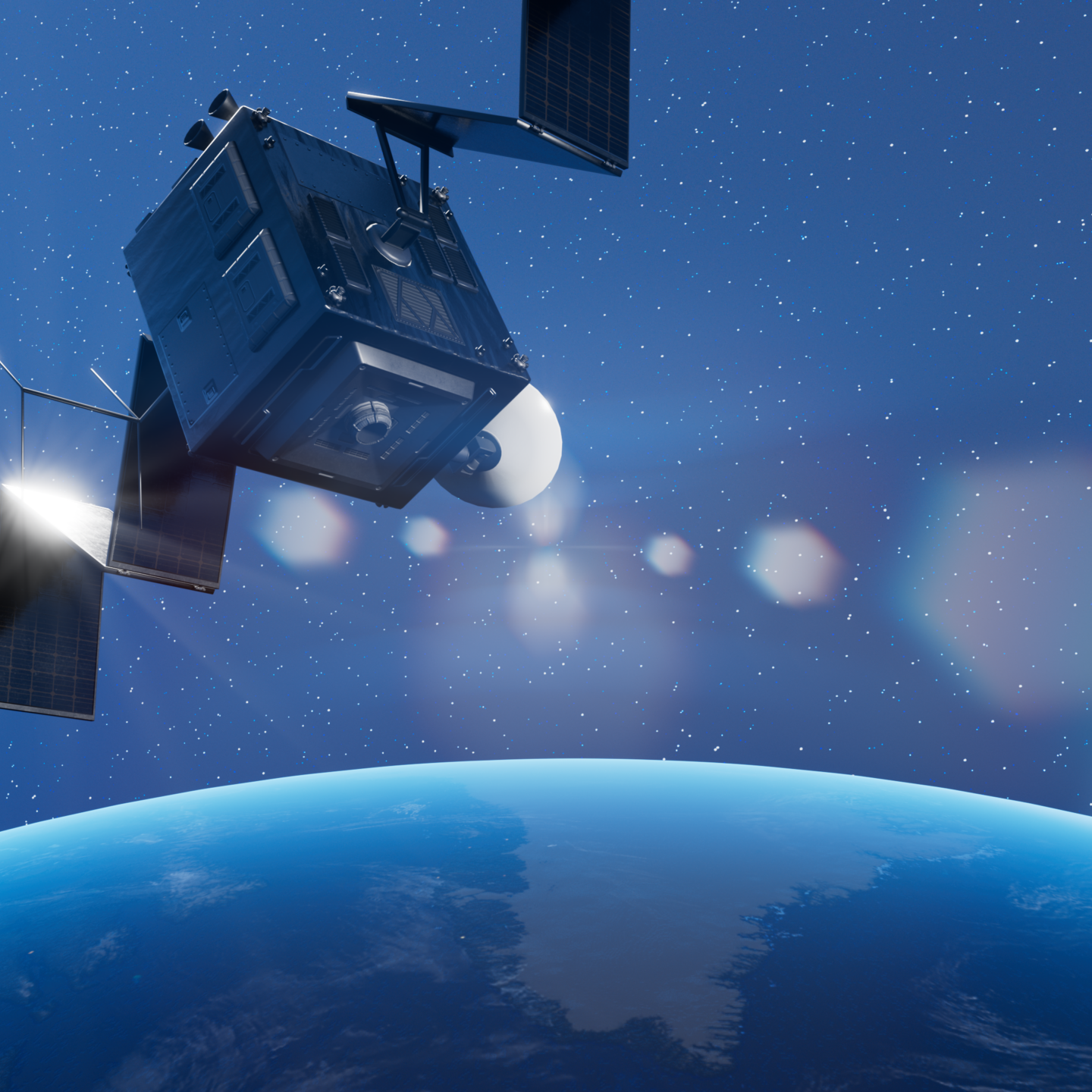 Satellite with solar panels in space above the Earth in front of a starry sky