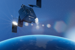 星空前,地球上空装有太阳能电池板的卫星