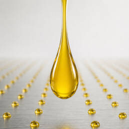 A large drop of a yellowish, transparent, highly viscous medium over small, evenly spaced drops