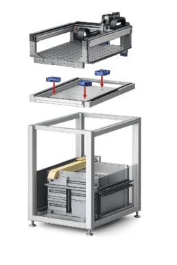 An exploded view of the marc3 system with three air insulators between the machine frame and the work surface, shown in a modular assembly view.