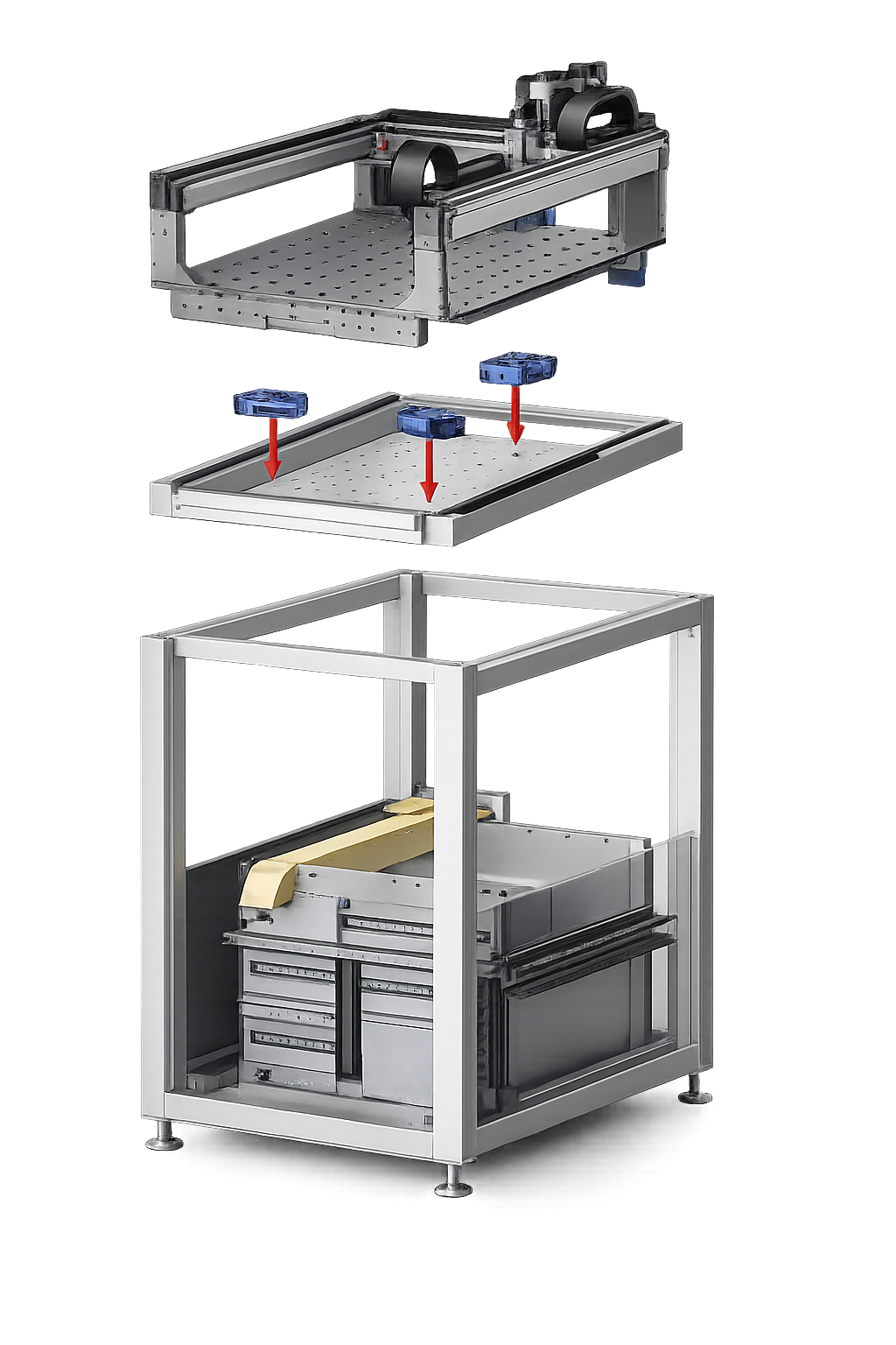 Explosionszeichnung des marc3 systems mit drei Luftisolatoren zwischen Maschinenrahmen und Arbeitsplatte, dargestellt in einer modularen Baugruppenansicht.