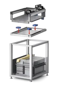 Explosionszeichnung des marc3 systems mit drei Luftisolatoren zwischen Maschinenrahmen und Arbeitsplatte, dargestellt in einer modularen Baugruppenansicht.